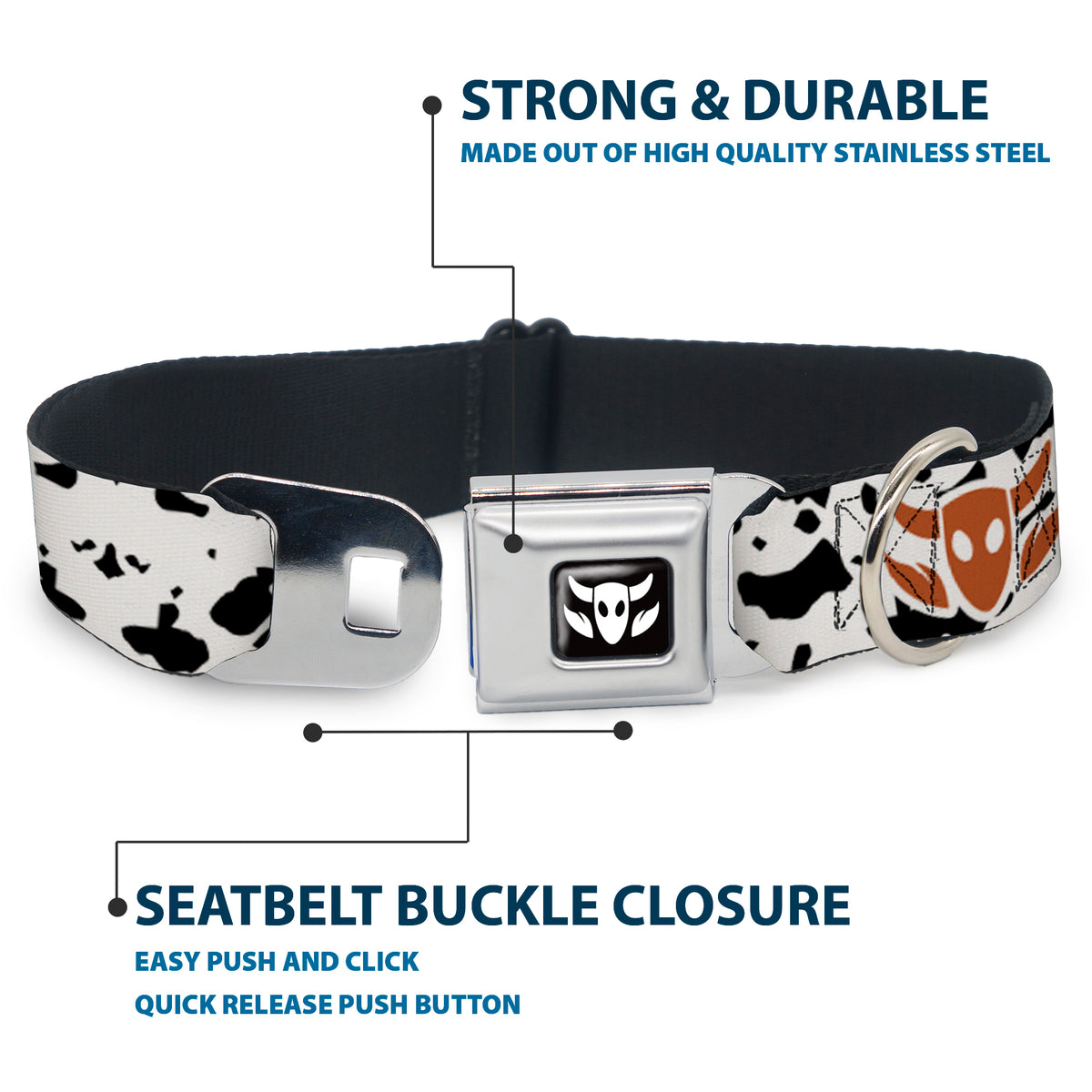 Toy Story Woody Cowboy Bull Icon Full Color Black/White Seatbelt Buckle Collar - Toy Story Woody Bounding Cowboy Cow Print White/Black/Brown Dog Collars Seatbelt Buckle Disney