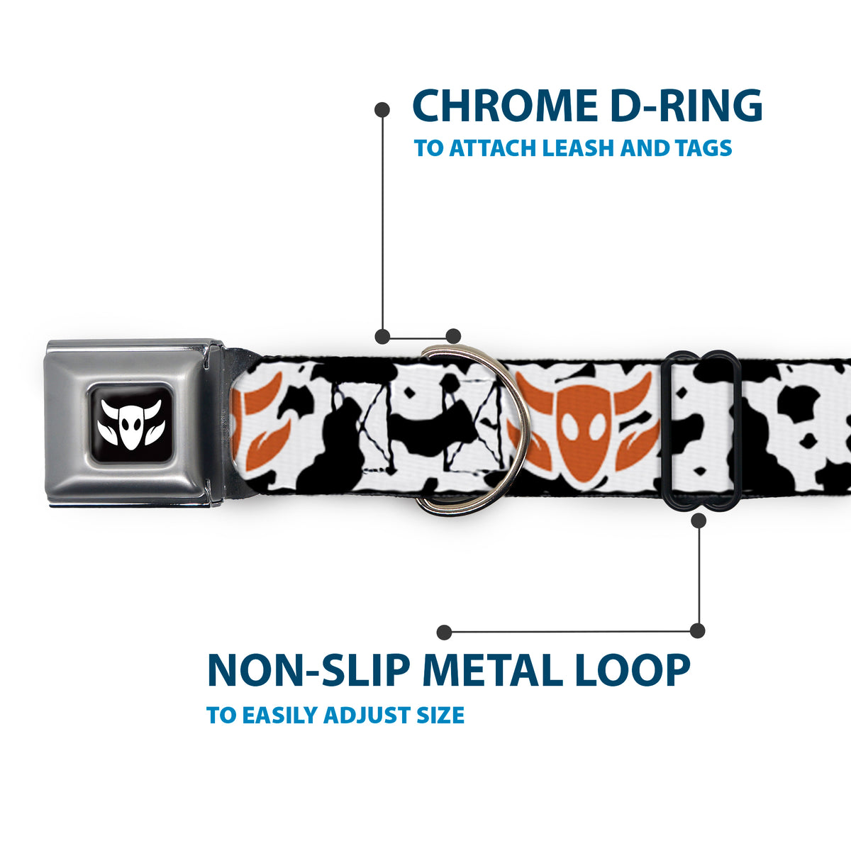 Toy Story Woody Cowboy Bull Icon Full Color Black/White Seatbelt Buckle Collar - Toy Story Woody Bounding Cowboy Cow Print White/Black/Brown Dog Collars Seatbelt Buckle Disney