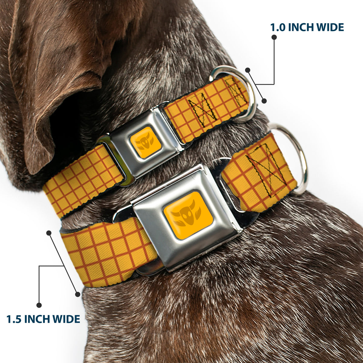 Toy Story Woody Cowboy Buckle Logo Full Color Golds Seatbelt Buckle Collar - Toy Story Woody Bounding Plaid Shirt Gold/Red Dog Collars Seatbelt Buckle Disney