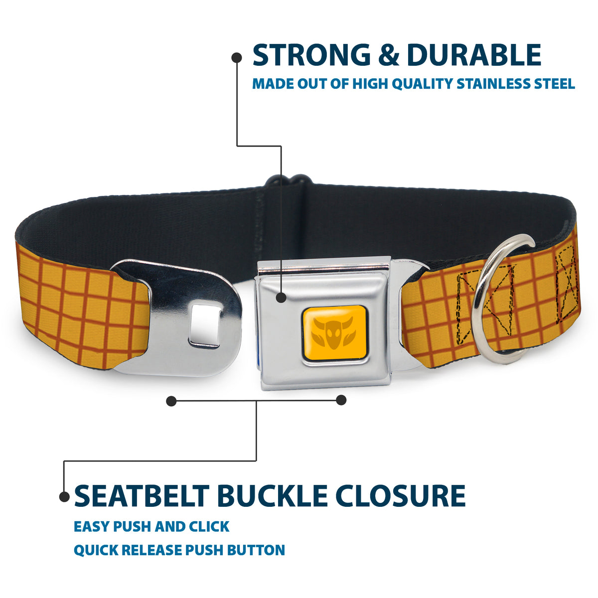 Toy Story Woody Cowboy Buckle Logo Full Color Golds Seatbelt Buckle Collar - Toy Story Woody Bounding Plaid Shirt Gold/Red Dog Collars Seatbelt Buckle Disney