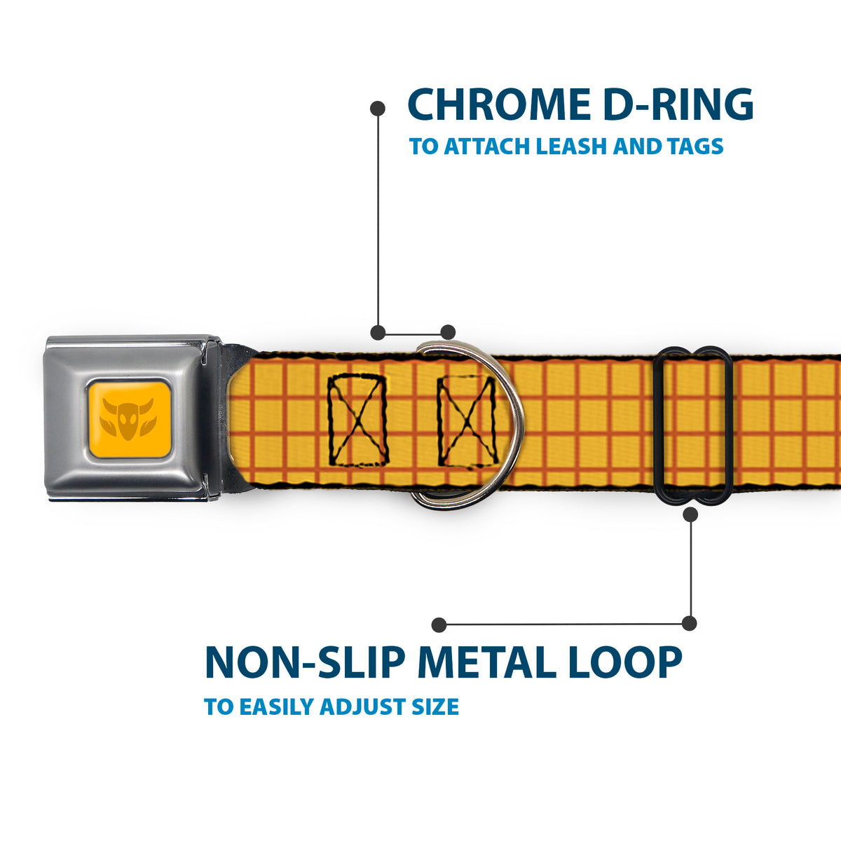 Toy Story Woody Cowboy Buckle Logo Full Color Golds Seatbelt Buckle Collar - Toy Story Woody Bounding Plaid Shirt Gold/Red Dog Collars Seatbelt Buckle Disney