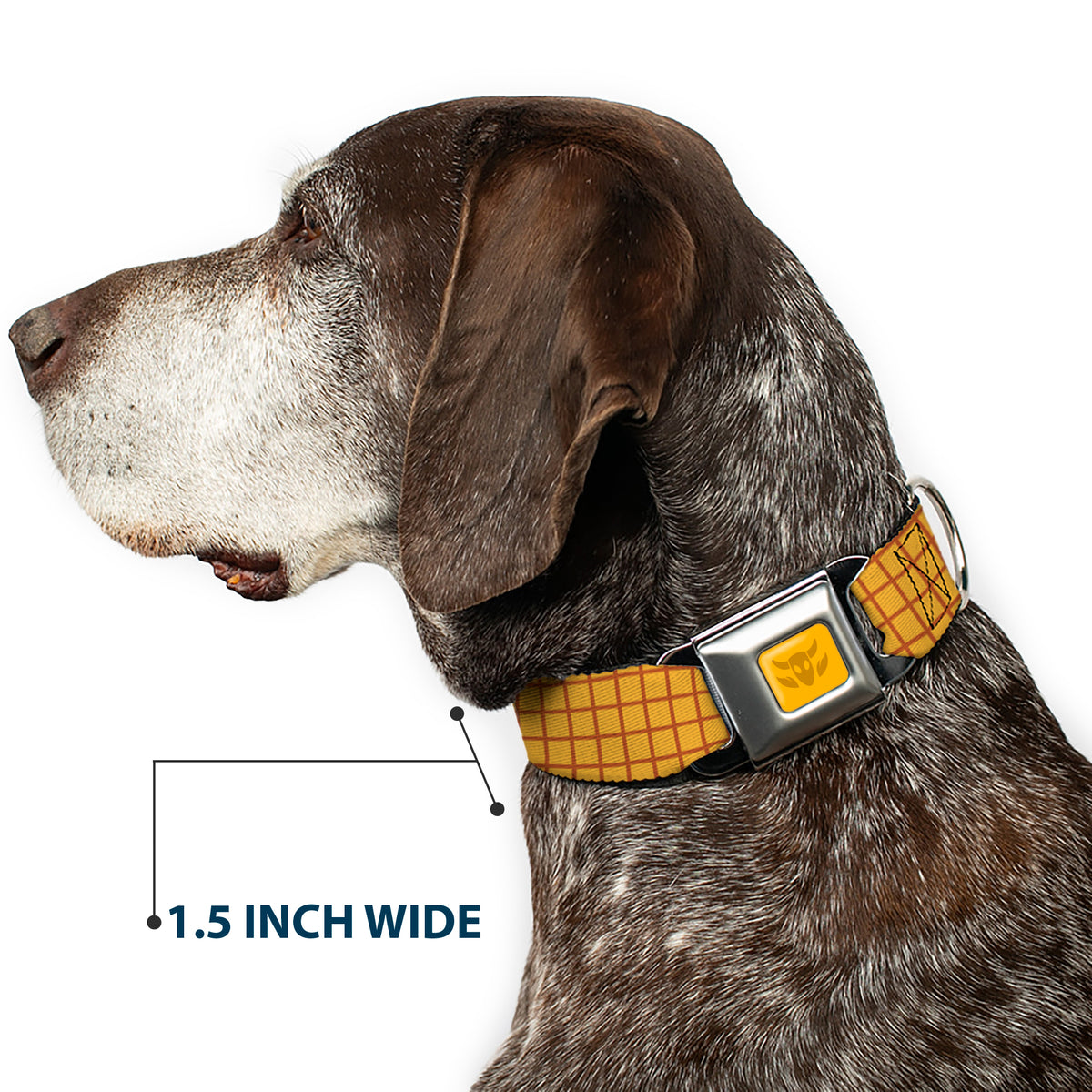 Toy Story Woody Cowboy Buckle Logo Full Color Golds Seatbelt Buckle Collar - Toy Story Woody Bounding Plaid Shirt Gold/Red Dog Collars Seatbelt Buckle Disney