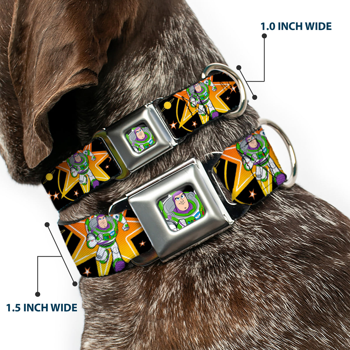 Toy Story Buzz Lightyear Running Pose Full Color Black Seatbelt Buckle Collar - Toy Story BUZZ LIGHTYEAR Running Pose/Stars Black/Orange/Yellow Dog Collars Seatbelt Buckle Disney