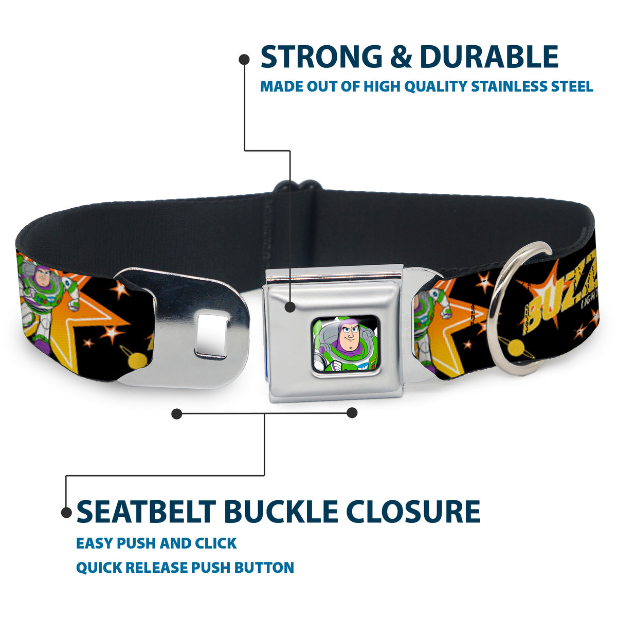 Toy Story Buzz Lightyear Running Pose Full Color Black Seatbelt Buckle Collar - Toy Story BUZZ LIGHTYEAR Running Pose/Stars Black/Orange/Yellow Dog Collars Seatbelt Buckle Disney