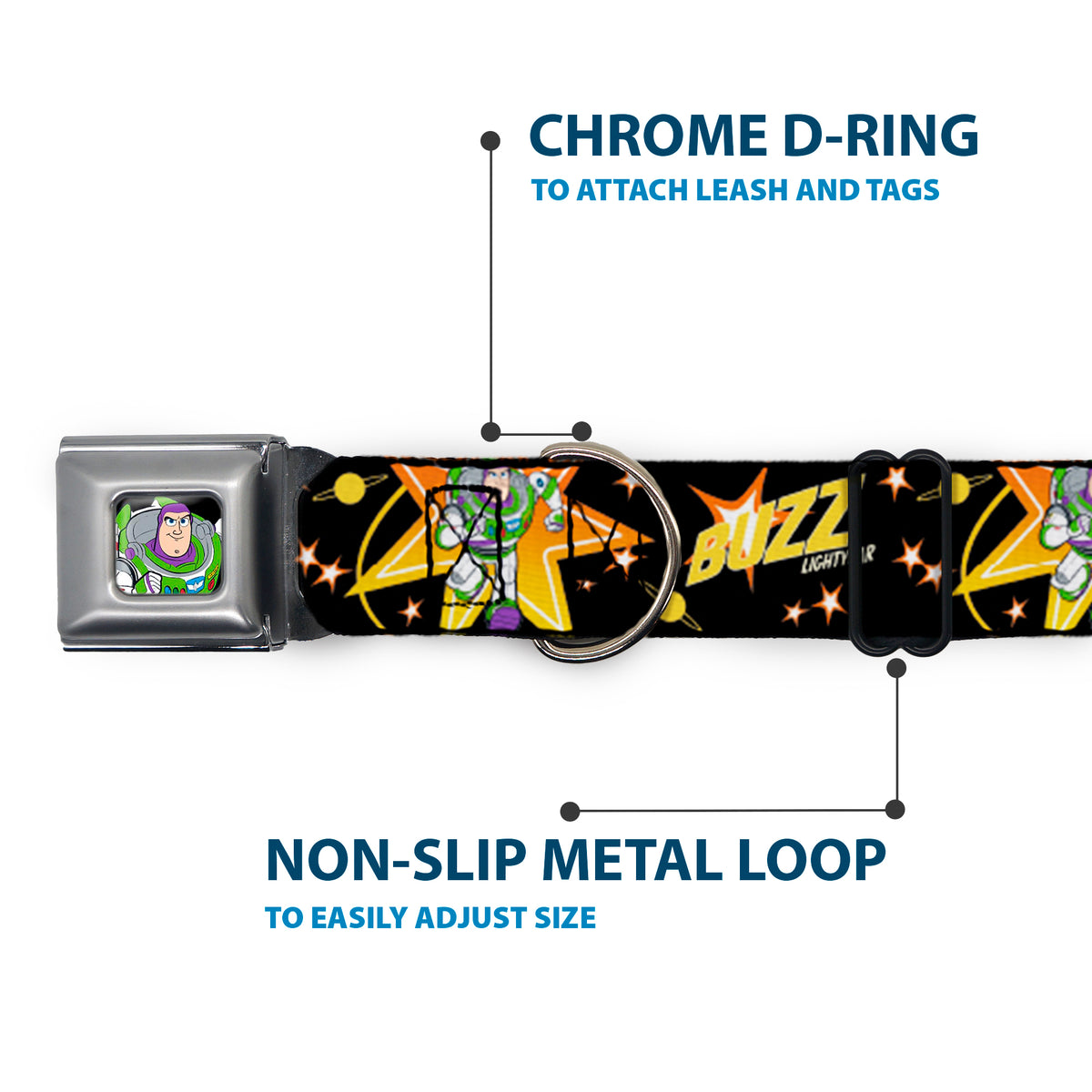 Toy Story Buzz Lightyear Running Pose Full Color Black Seatbelt Buckle Collar - Toy Story BUZZ LIGHTYEAR Running Pose/Stars Black/Orange/Yellow Dog Collars Seatbelt Buckle Disney