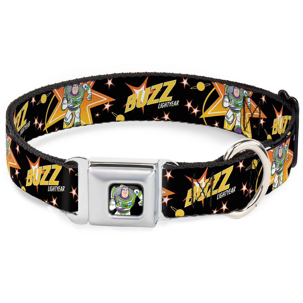 Toy Story Buzz Lightyear Running Pose Full Color Black Seatbelt Buckle Collar - Toy Story BUZZ LIGHTYEAR Running Pose/Stars Black/Orange/Yellow Dog Collars Seatbelt Buckle Disney