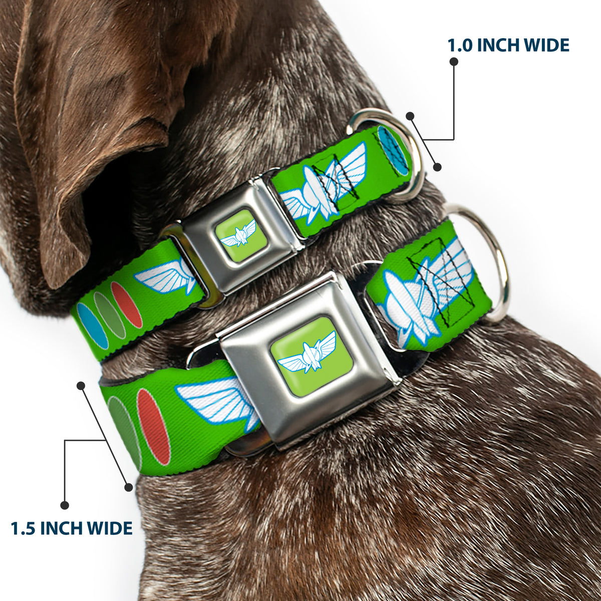 Toy Story Buzz Lightyear Space Ranger Wings Icon Full Color Green/Blue/White Seatbelt Buckle Collar - Toy Story Buzz Lightyear Bounding Space Ranger Logo/Buttons Green/White/Blue/Red Dog Collars Seatbelt Buckle Disney