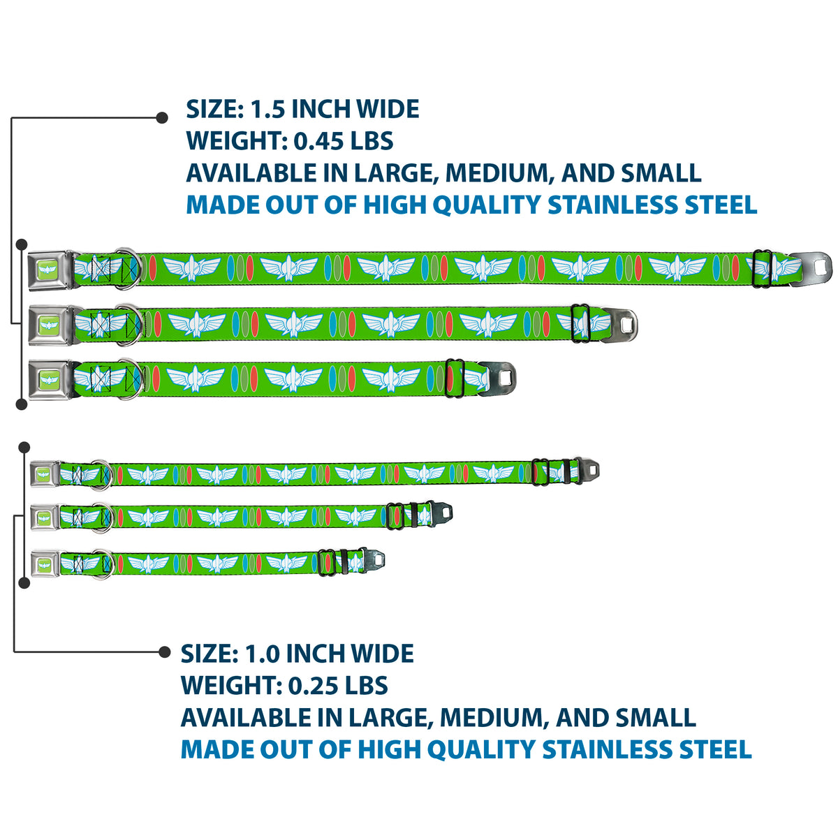Toy Story Buzz Lightyear Space Ranger Wings Icon Full Color Green/Blue/White Seatbelt Buckle Collar - Toy Story Buzz Lightyear Bounding Space Ranger Logo/Buttons Green/White/Blue/Red Dog Collars Seatbelt Buckle Disney