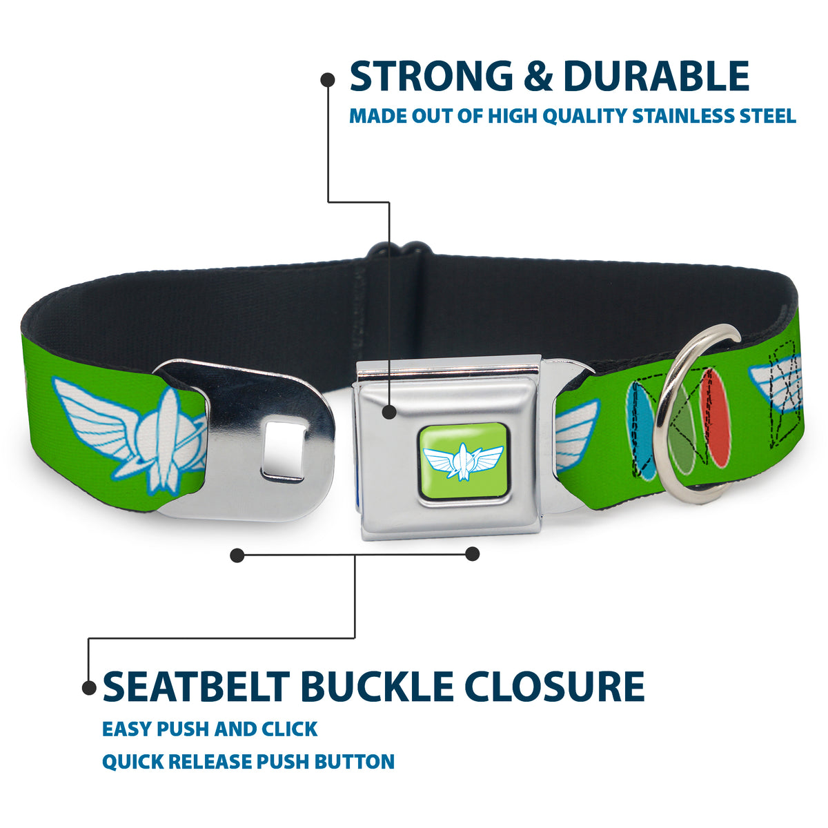 Toy Story Buzz Lightyear Space Ranger Wings Icon Full Color Green/Blue/White Seatbelt Buckle Collar - Toy Story Buzz Lightyear Bounding Space Ranger Logo/Buttons Green/White/Blue/Red Dog Collars Seatbelt Buckle Disney