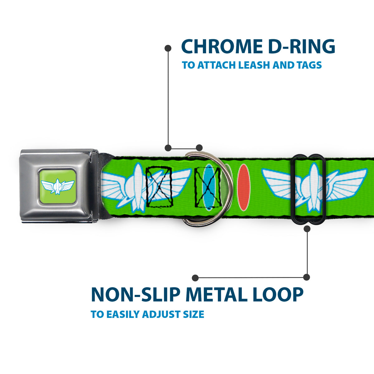Toy Story Buzz Lightyear Space Ranger Wings Icon Full Color Green/Blue/White Seatbelt Buckle Collar - Toy Story Buzz Lightyear Bounding Space Ranger Logo/Buttons Green/White/Blue/Red Dog Collars Seatbelt Buckle Disney