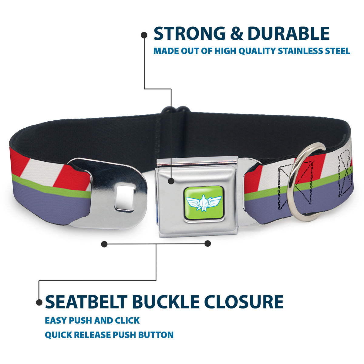 Toy Story Buzz Lightyear Space Ranger Wings Icon Full Color Green/Blue/White Seatbelt Buckle Collar - Toy Story Buzz Lightyear Space Ranger Logo/Striping Red/White/Green/Purple Dog Collars Seatbelt Buckle Disney