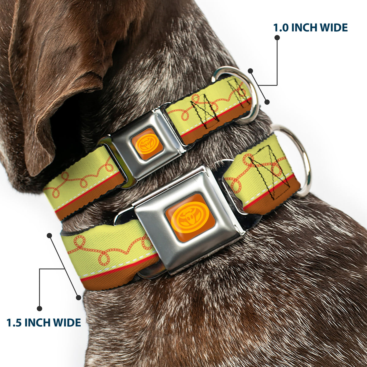 Toy Story Jessie Cowboy Buckle Logo Browns Seatbelt Buckle Collar - Toy Story Jessie Bounding Cowboy Buckle Lasso Stripe Yellow/Red/Brown Dog Collars Seatbelt Buckle Disney