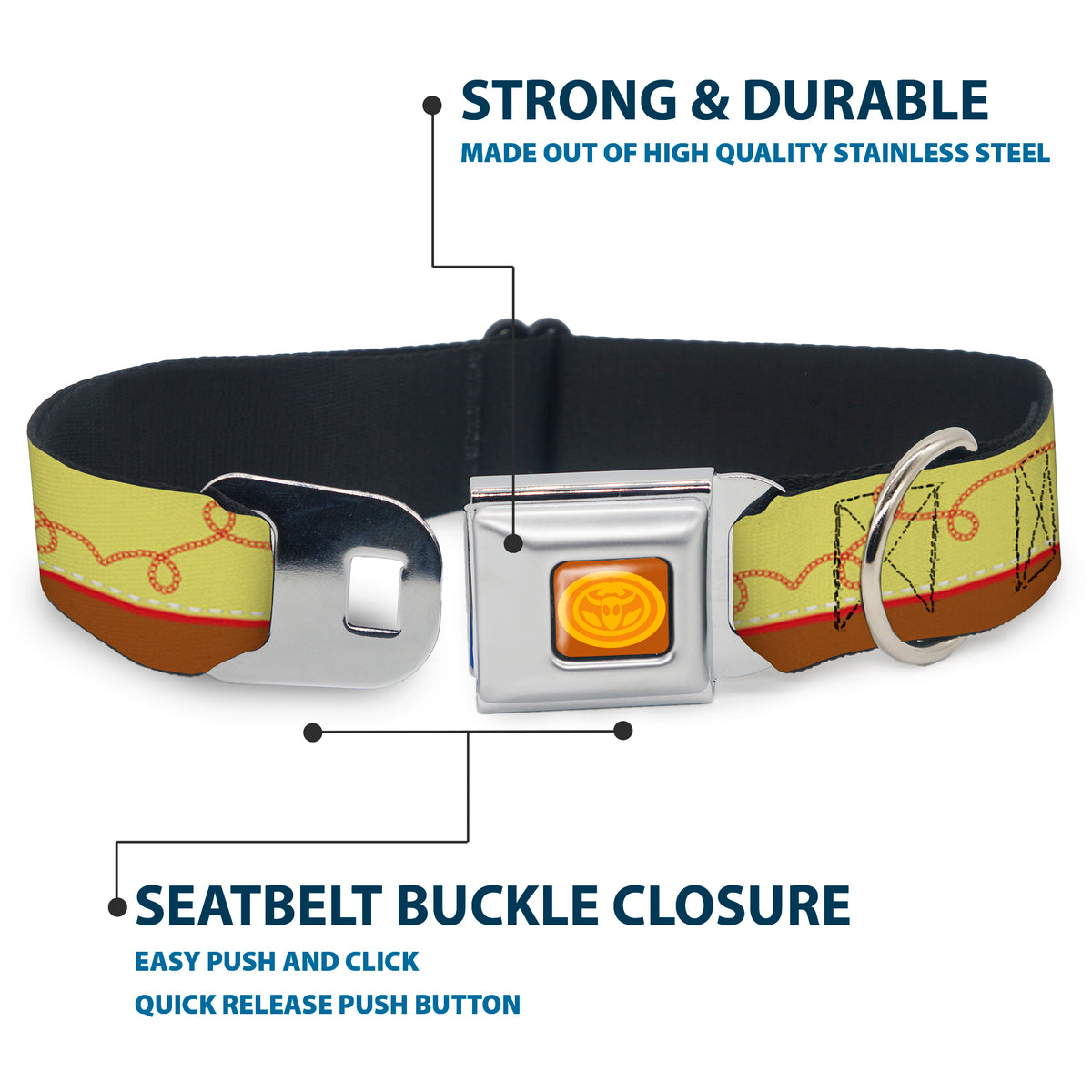Toy Story Jessie Cowboy Buckle Logo Browns Seatbelt Buckle Collar - Toy Story Jessie Bounding Cowboy Buckle Lasso Stripe Yellow/Red/Brown Dog Collars Seatbelt Buckle Disney