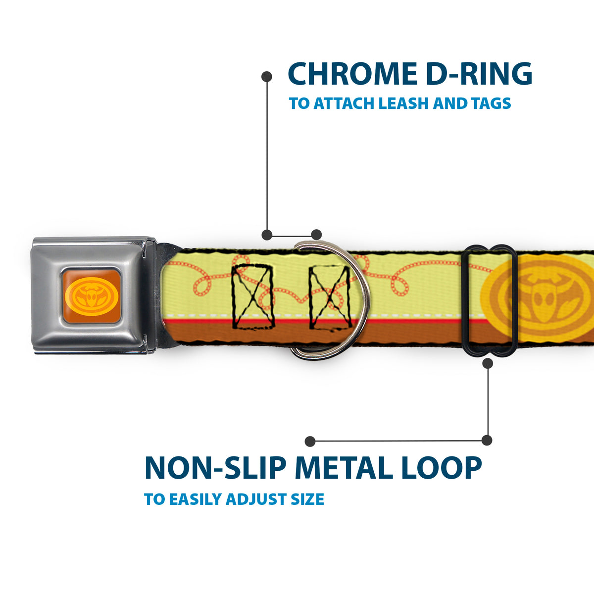 Toy Story Jessie Cowboy Buckle Logo Browns Seatbelt Buckle Collar - Toy Story Jessie Bounding Cowboy Buckle Lasso Stripe Yellow/Red/Brown Dog Collars Seatbelt Buckle Disney
