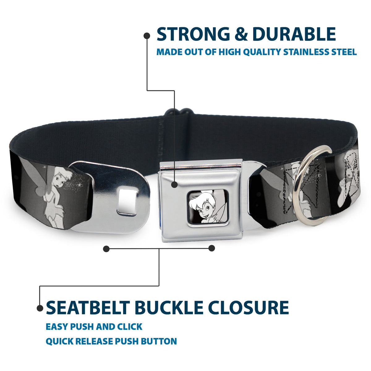 Tinker Bell CLOSE-UP Full Color Black White Seatbelt Buckle Collar - Tinker Bell Scenes Black/White Dog Collars Seatbelt Buckle Disney