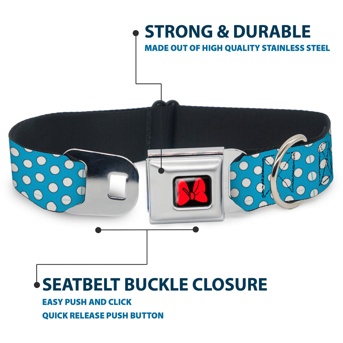 Dog Collar DYYR-Minnie Mouse Bow Full Color Black/Red - Minnie Mouse Dots Blue/Black/White Dog Collars Seatbelt Buckle Disney