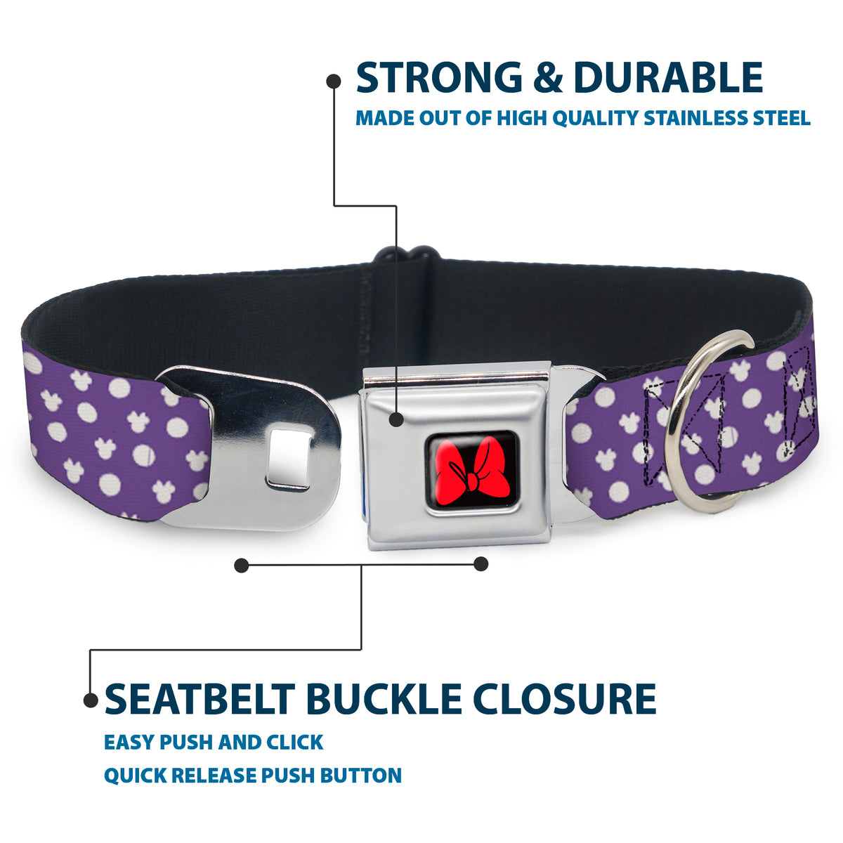 Dog Collar DYYR-Minnie Mouse Bow Full Color Black/Red - Minnie Mouse Ears Monogram/Dots Purple/White Dog Collars Seatbelt Buckle Disney