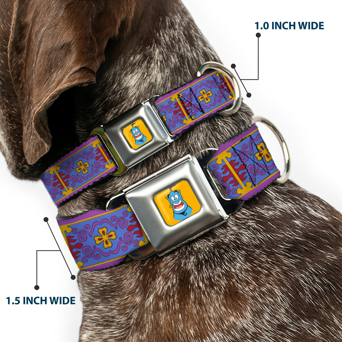 Classic Aladdin Genie Smiling Expression Full Color Yellow Seatbelt Buckle Collar - Classic Aladdin Magic Carpet Tapestry Blue/Purple/Gold/Red Dog Collars Seatbelt Buckle Disney