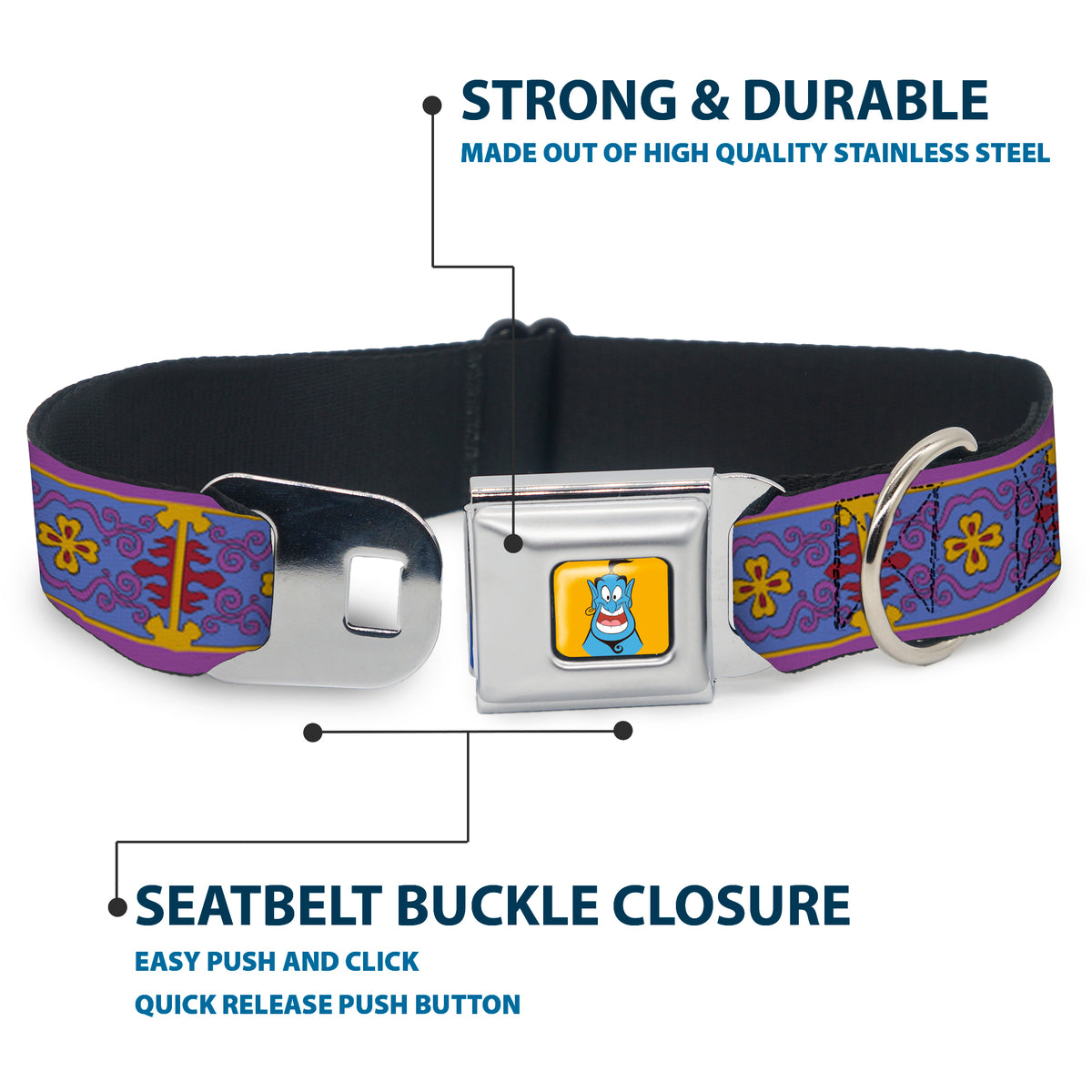 Classic Aladdin Genie Smiling Expression Full Color Yellow Seatbelt Buckle Collar - Classic Aladdin Magic Carpet Tapestry Blue/Purple/Gold/Red Dog Collars Seatbelt Buckle Disney
