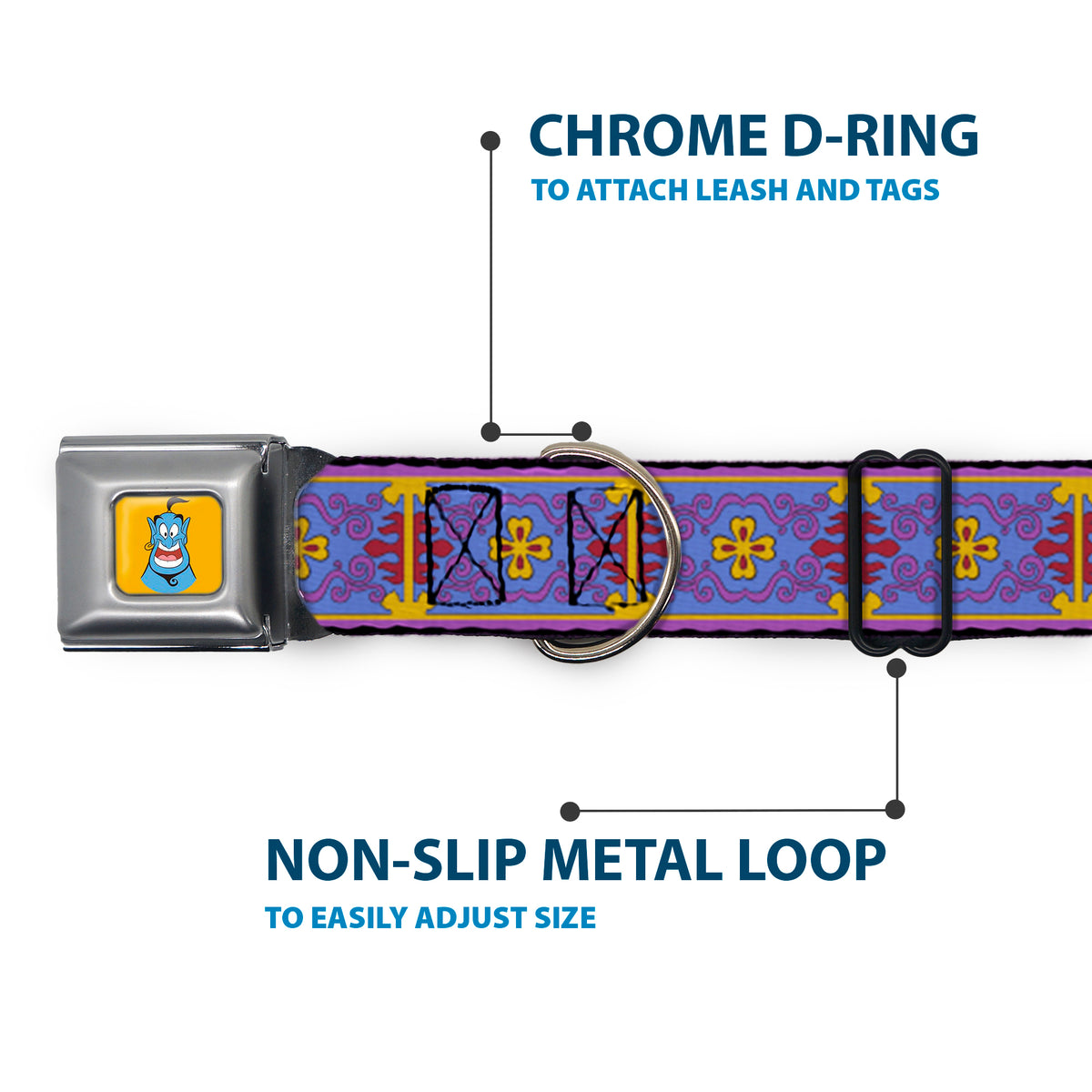 Classic Aladdin Genie Smiling Expression Full Color Yellow Seatbelt Buckle Collar - Classic Aladdin Magic Carpet Tapestry Blue/Purple/Gold/Red Dog Collars Seatbelt Buckle Disney