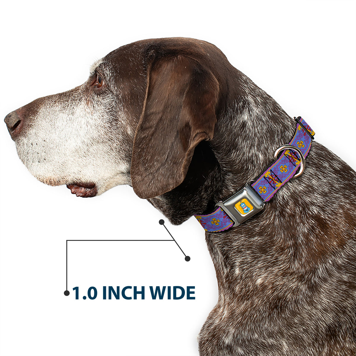 Classic Aladdin Genie Smiling Expression Full Color Yellow Seatbelt Buckle Collar - Classic Aladdin Magic Carpet Tapestry Blue/Purple/Gold/Red Dog Collars Seatbelt Buckle Disney