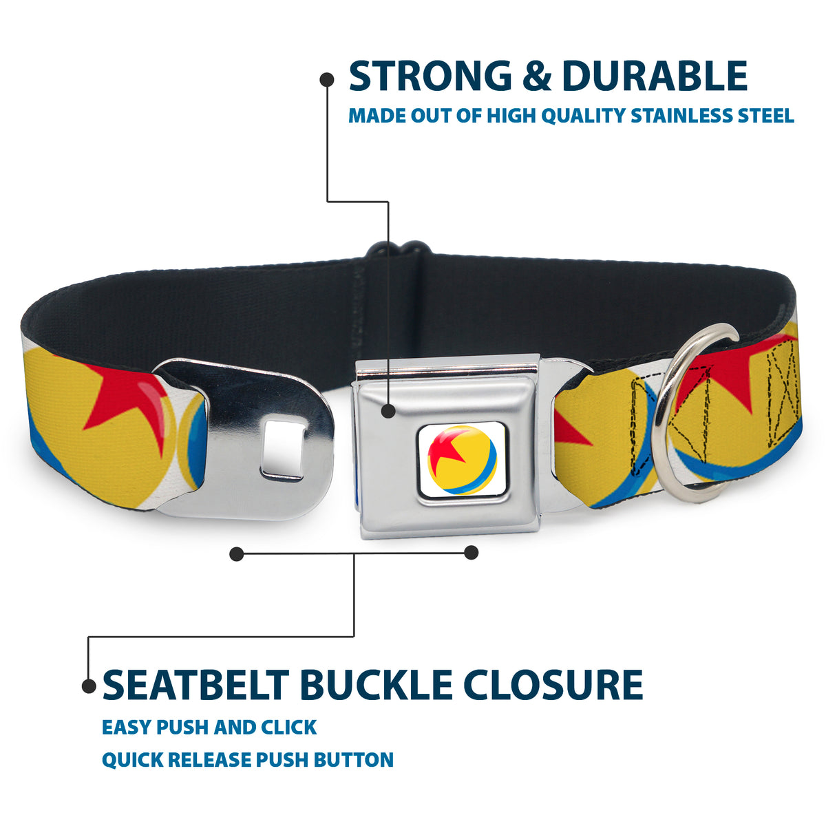 Disney Pixar Luxo Ball Full Color White/Yellow/Blue/Red Seatbelt Buckle Collar - Disney Pixar Luxo Ball Repeat White/Yellow/Blue/Red Dog Collars Seatbelt Buckle Disney