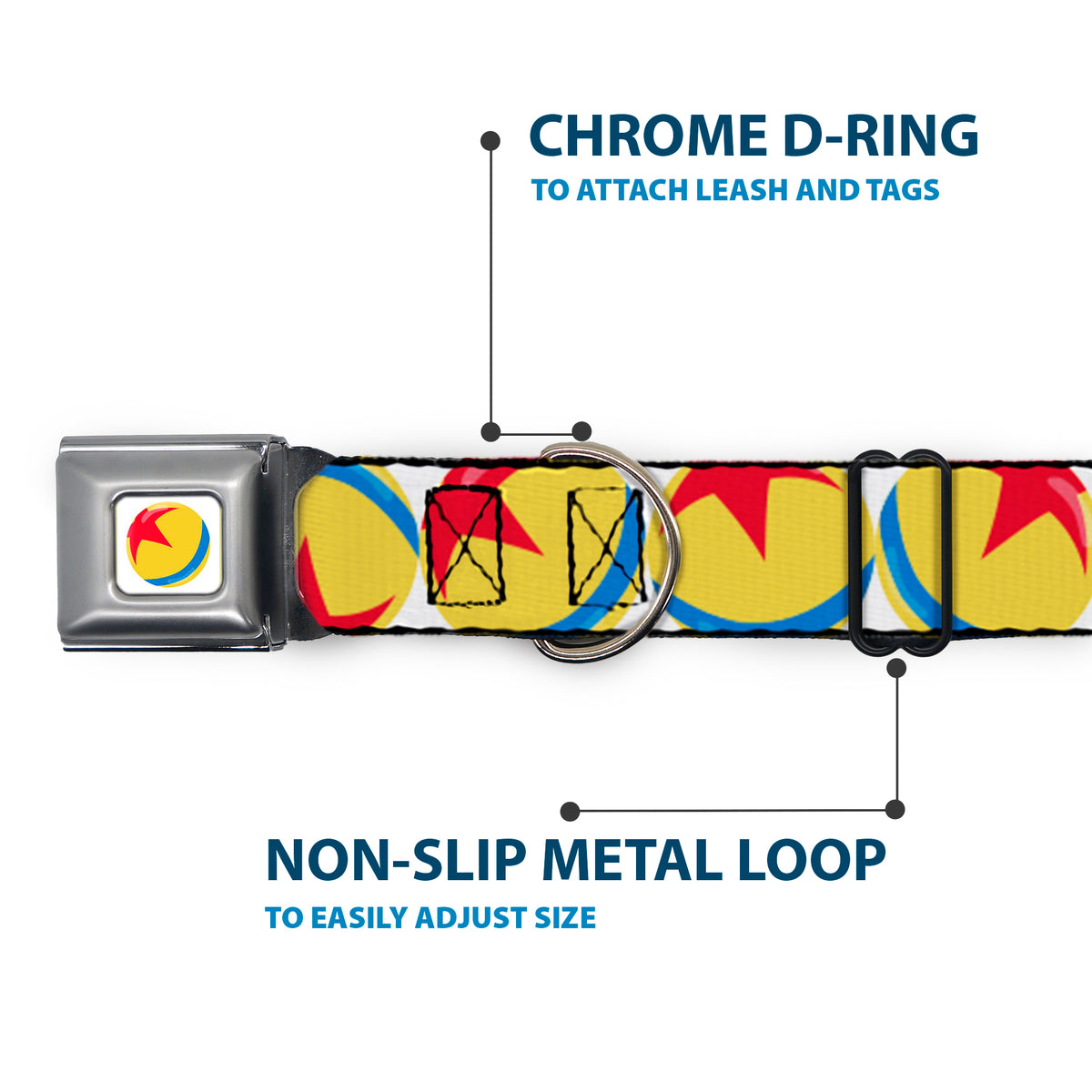 Disney Pixar Luxo Ball Full Color White/Yellow/Blue/Red Seatbelt Buckle Collar - Disney Pixar Luxo Ball Repeat White/Yellow/Blue/Red Dog Collars Seatbelt Buckle Disney
