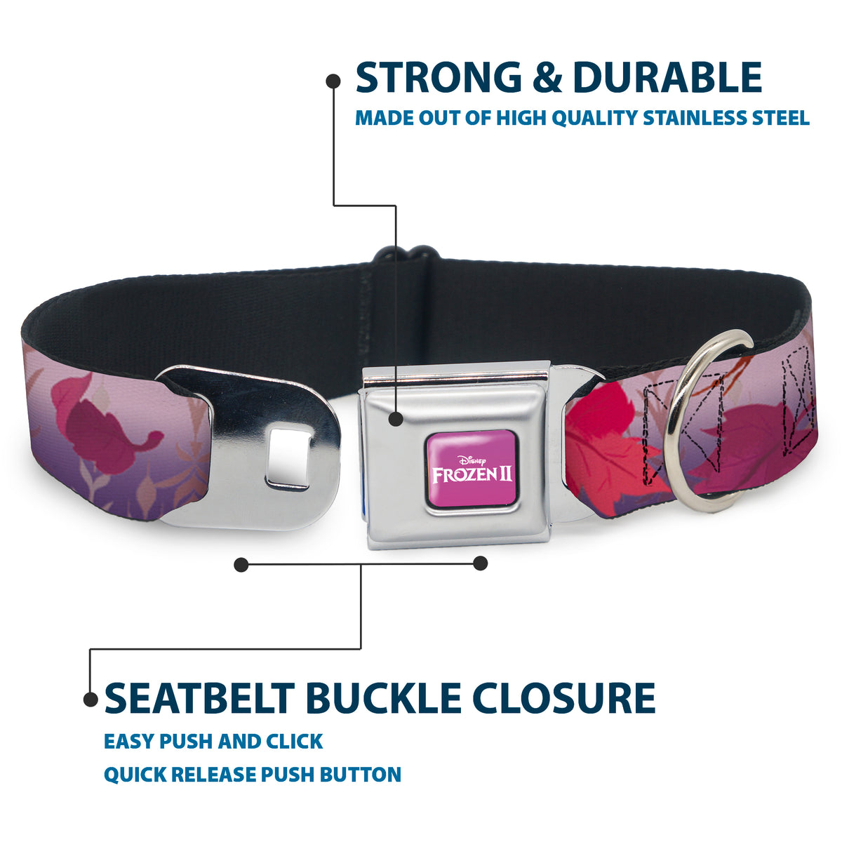 Disney FROZEN II Logo Full Color Purple/White Seatbelt Buckle Collar - Frozen II Swirling Leaves/Floral Trim Purples/Reds Dog Collars Seatbelt Buckle Disney
