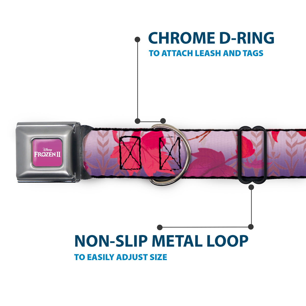 Disney FROZEN II Logo Full Color Purple/White Seatbelt Buckle Collar - Frozen II Swirling Leaves/Floral Trim Purples/Reds Dog Collars Seatbelt Buckle Disney