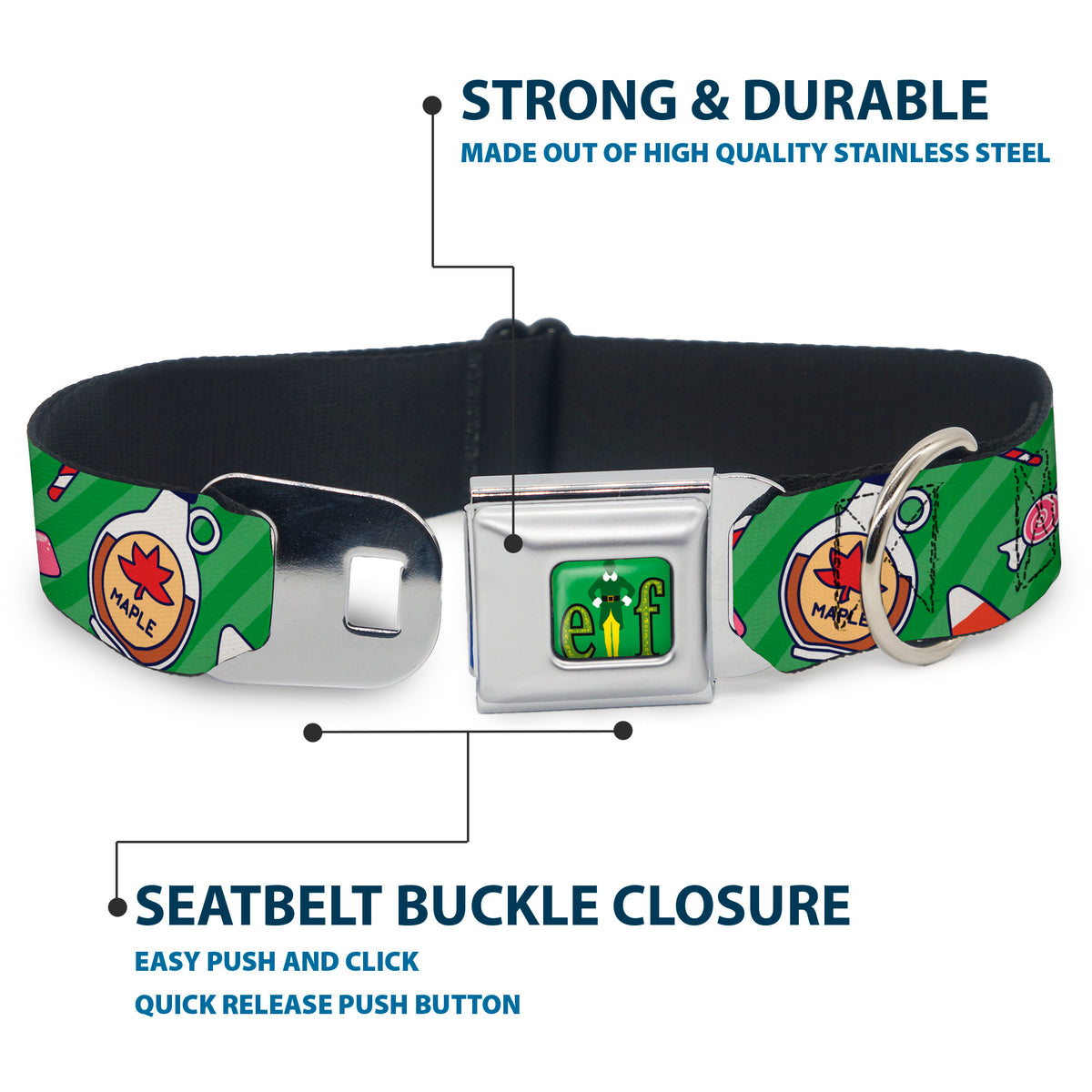 Buddy the ELF Title Logo Full Color Green Seatbelt Buckle Collar - Elf Sweets Icons Scattered Stripe Greens Dog Collars Seatbelt Buckle Elf
