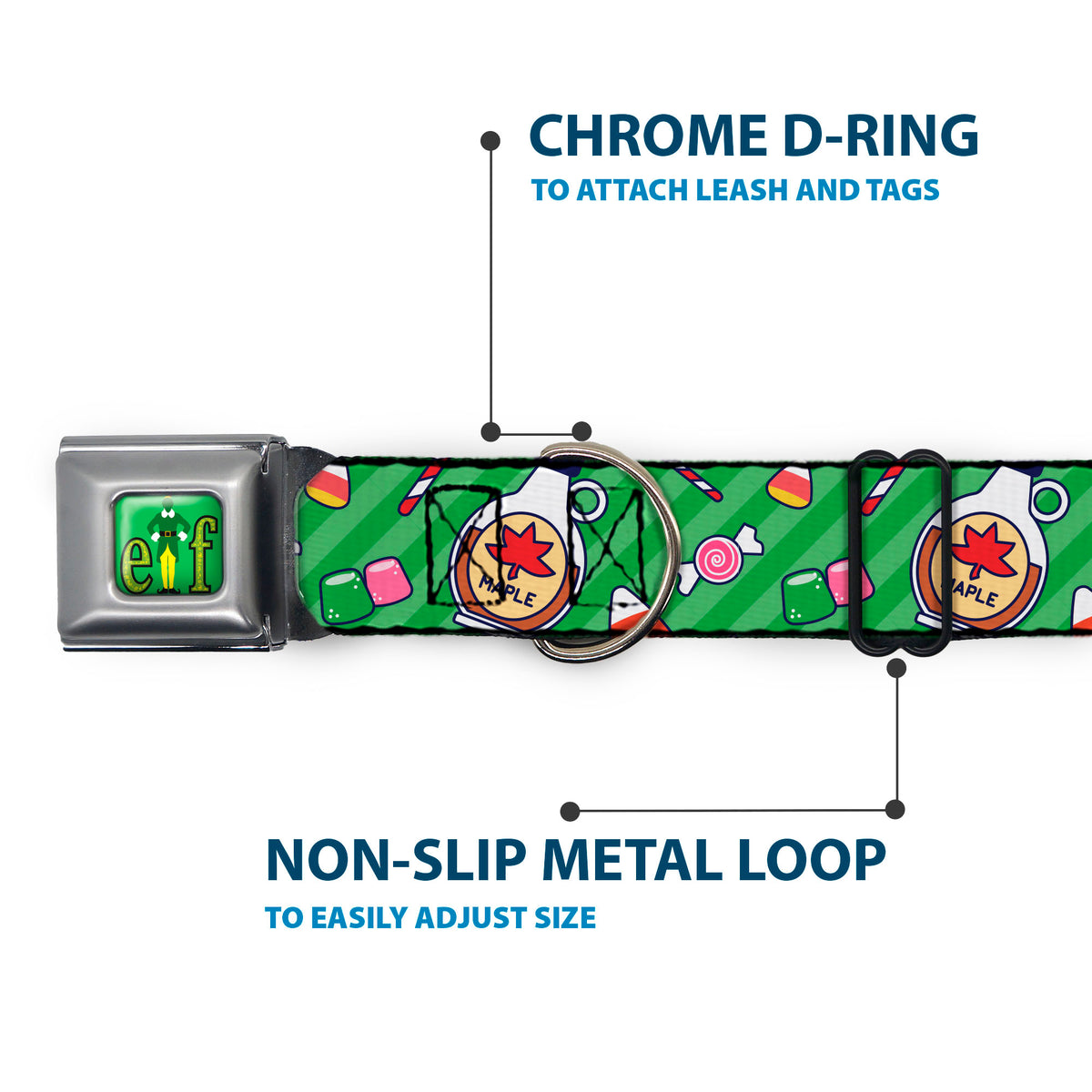 Buddy the ELF Title Logo Full Color Green Seatbelt Buckle Collar - Elf Sweets Icons Scattered Stripe Greens Dog Collars Seatbelt Buckle Elf