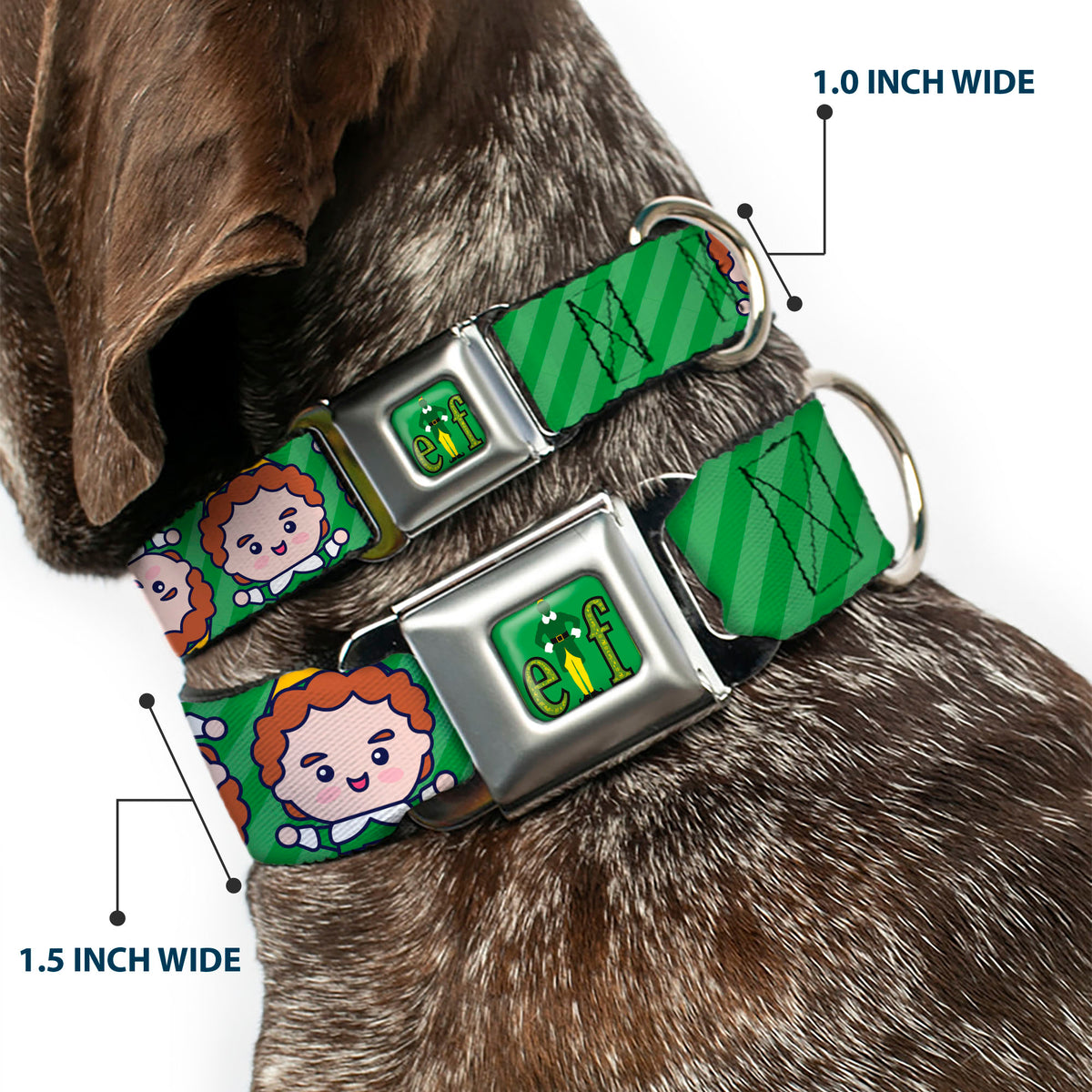 Buddy the ELF Title Logo Full Color Green Seatbelt Buckle Collar - Elf Chibi Buddy Face Flip Stripe Greens Dog Collars Seatbelt Buckle Elf