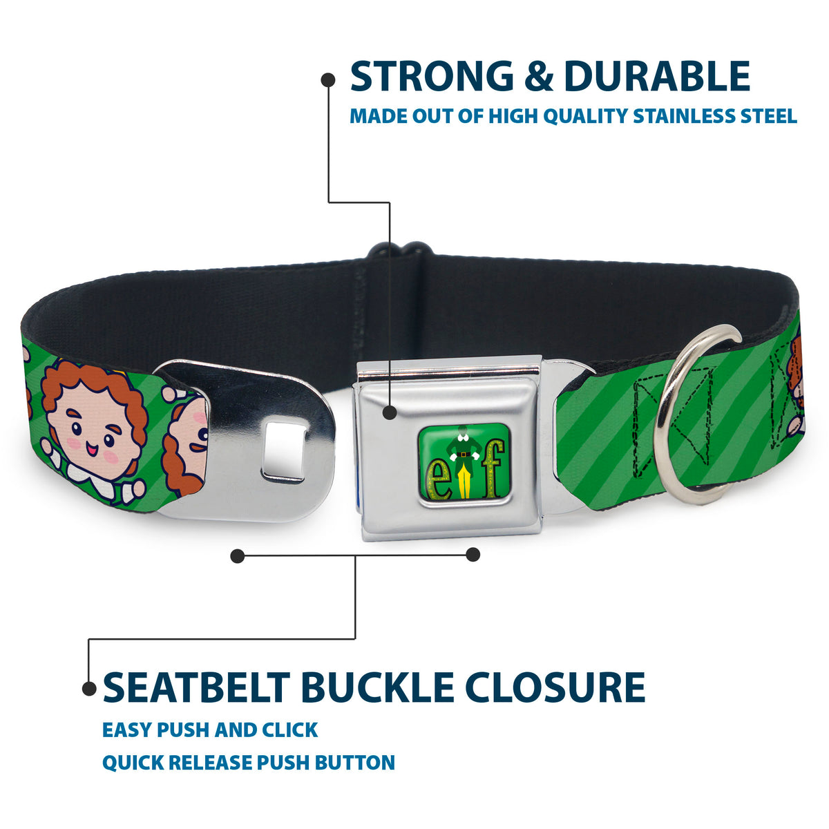 Buddy the ELF Title Logo Full Color Green Seatbelt Buckle Collar - Elf Chibi Buddy Face Flip Stripe Greens Dog Collars Seatbelt Buckle Elf