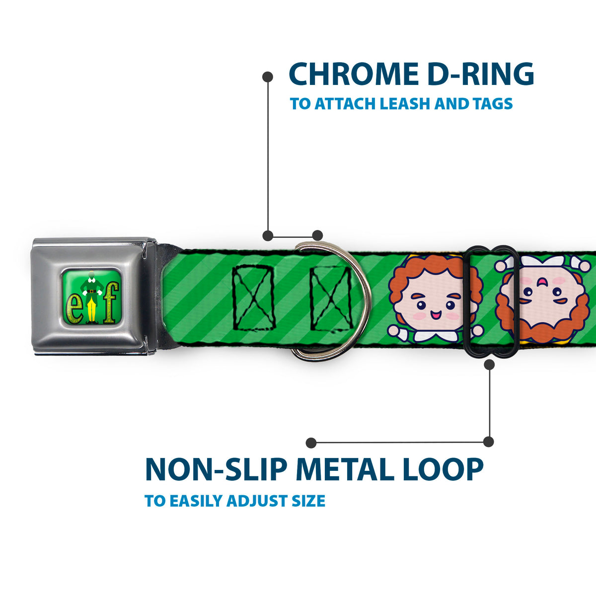 Buddy the ELF Title Logo Full Color Green Seatbelt Buckle Collar - Elf Chibi Buddy Face Flip Stripe Greens Dog Collars Seatbelt Buckle Elf