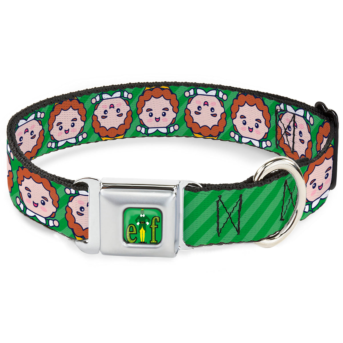 Buddy the ELF Title Logo Full Color Green Seatbelt Buckle Collar - Elf Chibi Buddy Face Flip Stripe Greens Dog Collars Seatbelt Buckle Elf