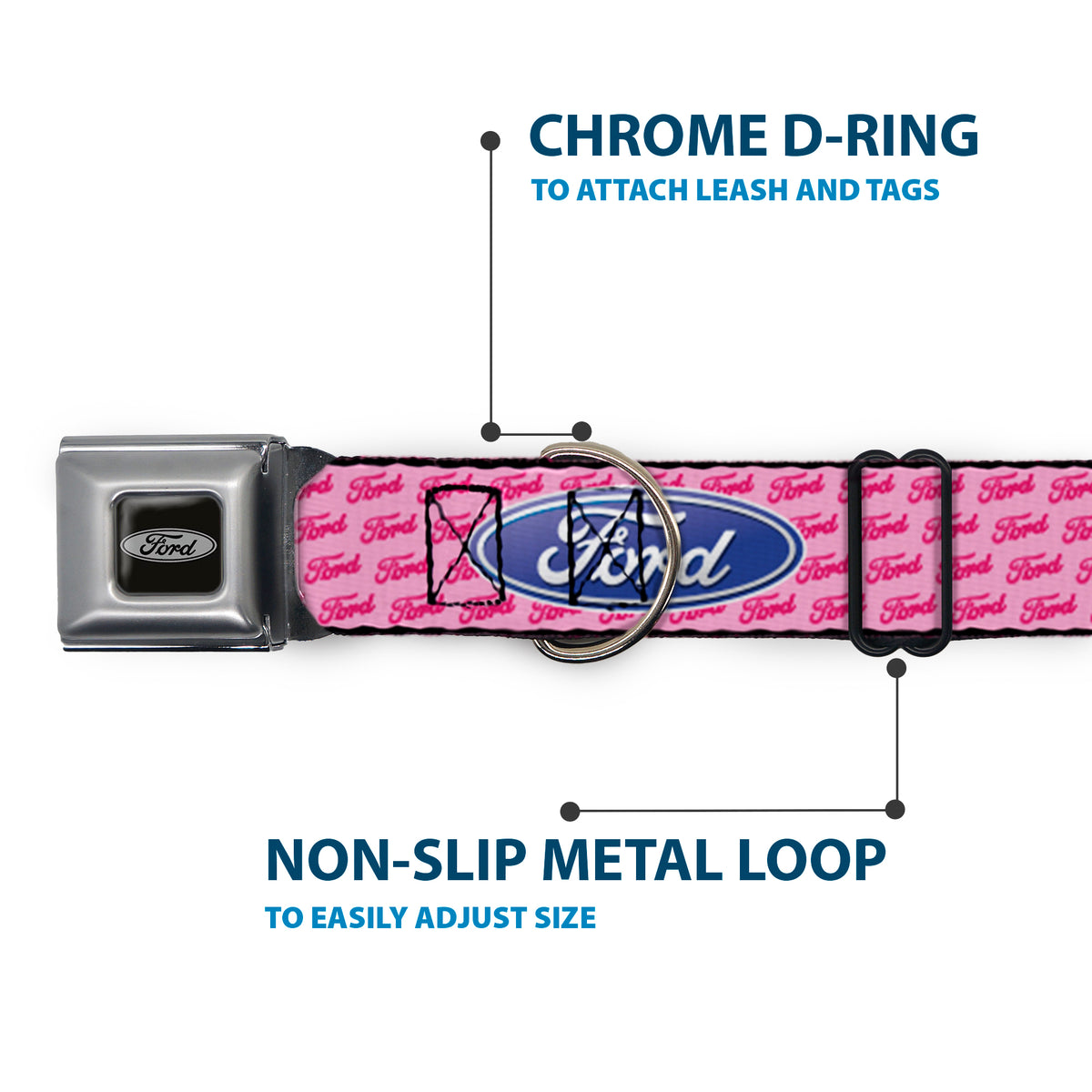 Ford Emblem Seatbelt Buckle Collar - Ford Oval w/Text PINK REPEAT Dog Collars Seatbelt Buckle Ford