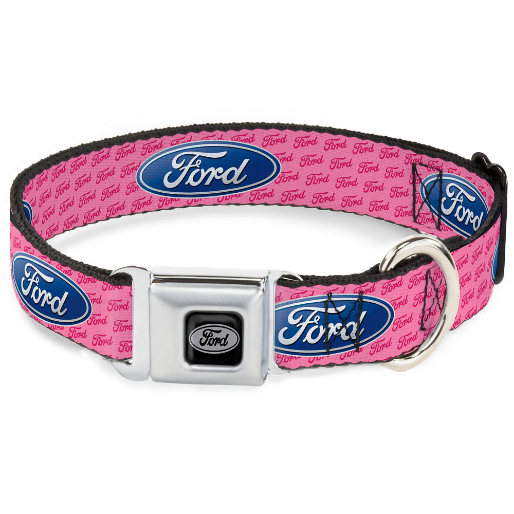 Ford Emblem Seatbelt Buckle Collar - Ford Oval w/Text PINK REPEAT Dog Collars Seatbelt Buckle Ford