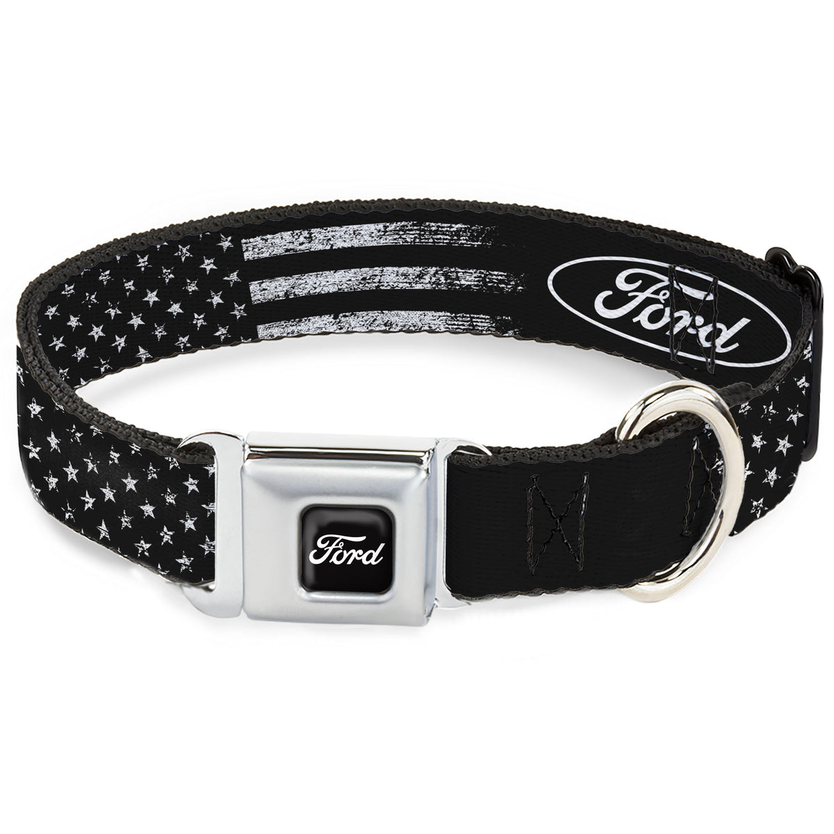 FORD Script Full Color Black/White Seatbelt Buckle Collar - FORD Oval Americana Weathered Black/White Dog Collars Seatbelt Buckle Ford