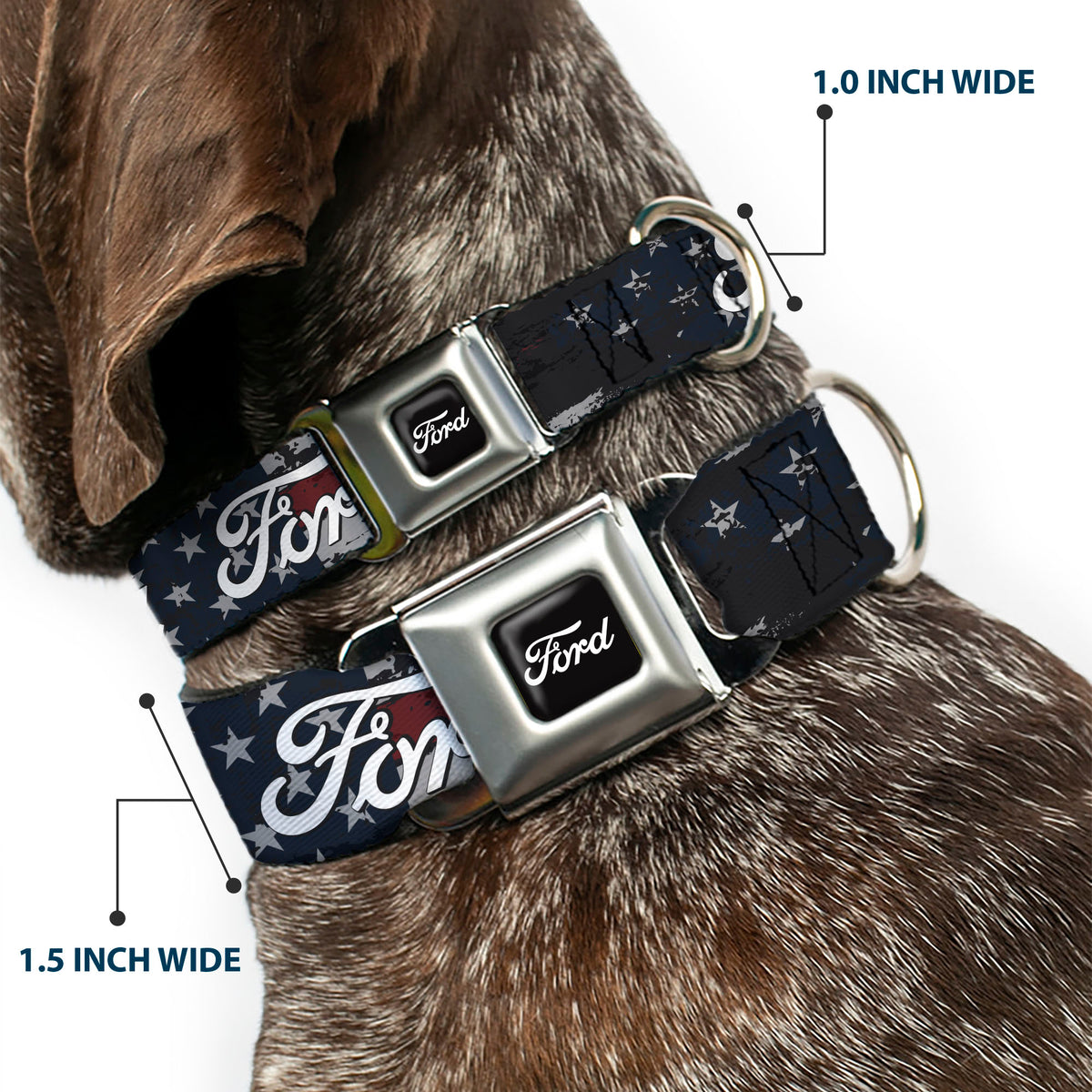 FORD Script Full Color Black/White Seatbelt Buckle Collar - FORD Script Stars and Stripes Americana Weathered Dog Collars Seatbelt Buckle Ford