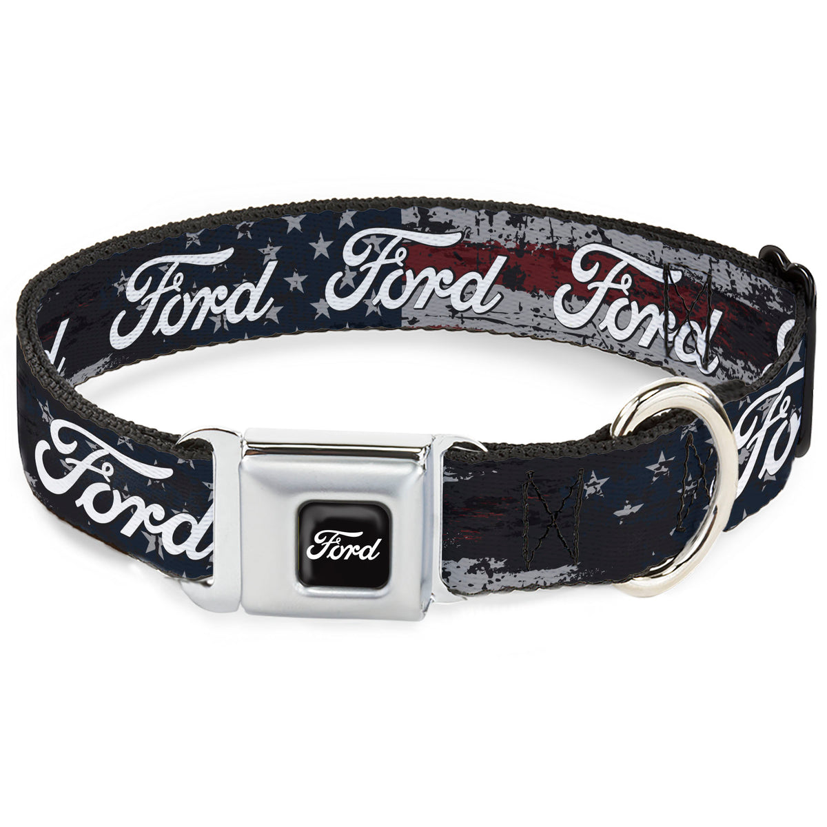 FORD Script Full Color Black/White Seatbelt Buckle Collar - FORD Script Stars and Stripes Americana Weathered Dog Collars Seatbelt Buckle Ford