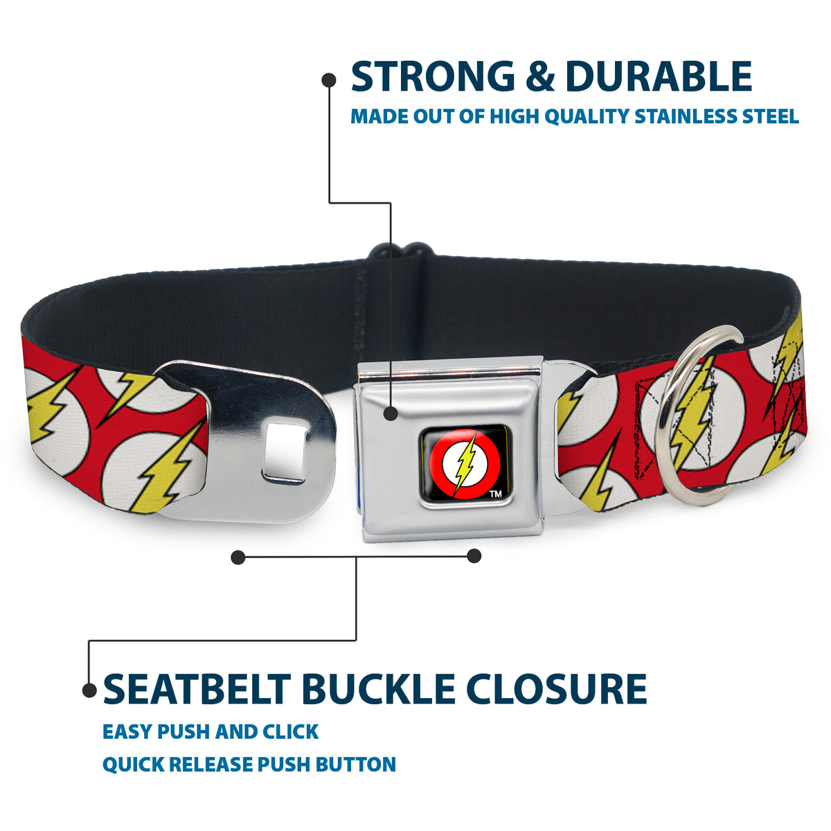 Flash Logo Black Seatbelt Buckle Collar - Flash Logo Scattered Red/White/Yellow Dog Collars Seatbelt Buckle DC Comics