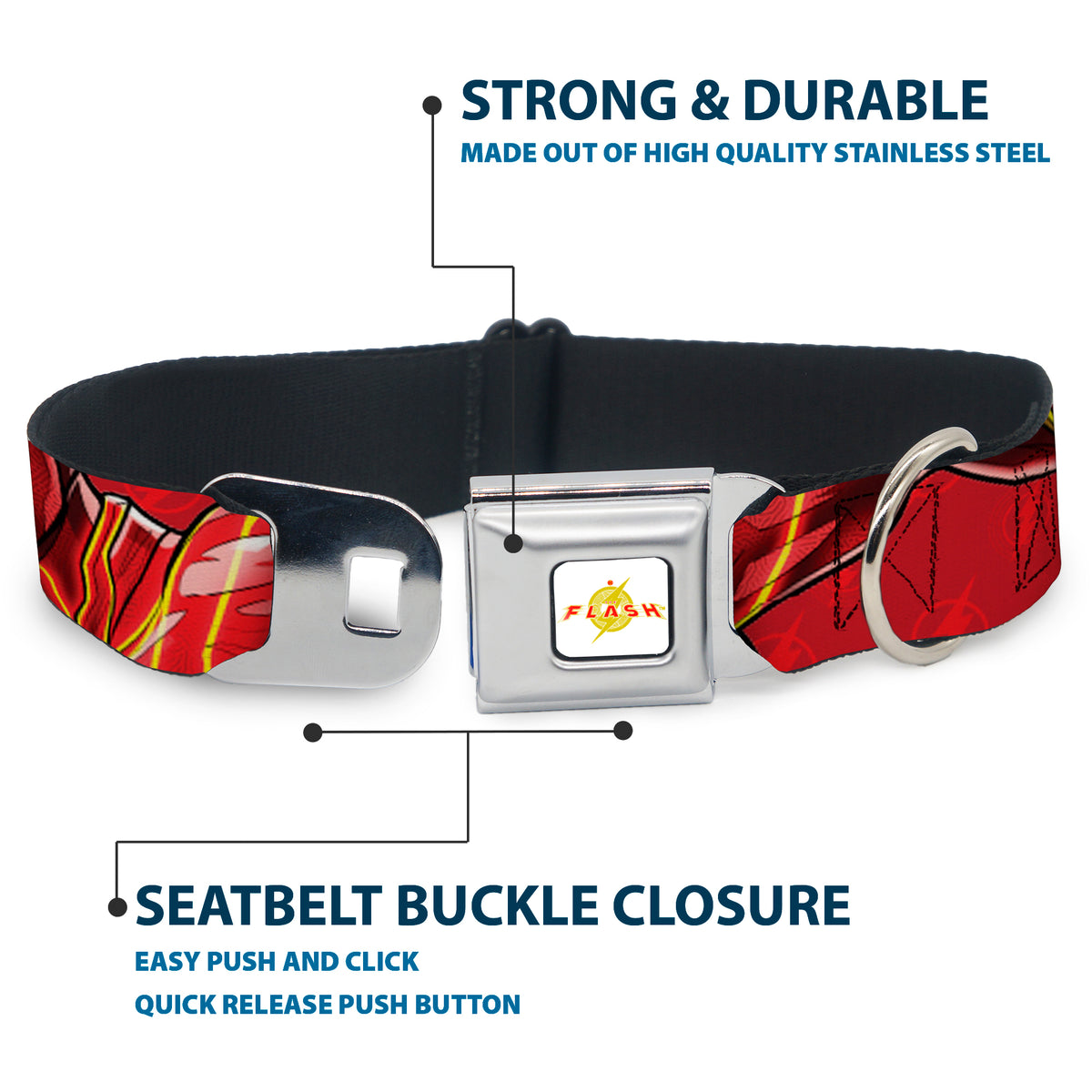 Flash 2023 Title Logo Full Color White/Yellow/Red Seatbelt Buckle Collar - The Flash 2023 2-Poses Close-Up Reds Dog Collars Seatbelt Buckle DC Comics