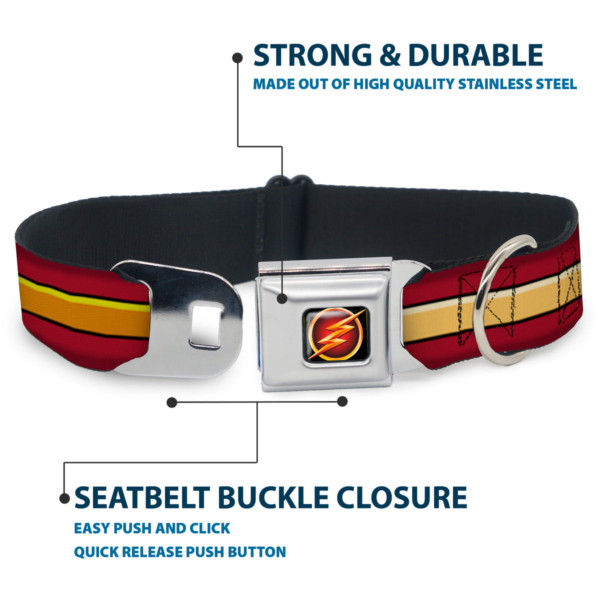 Flash Logo3 Black/Gold/Red Seatbelt Buckle Collar - The Flash Stripe Burgundy/Gold Dog Collars Seatbelt Buckle DC Comics