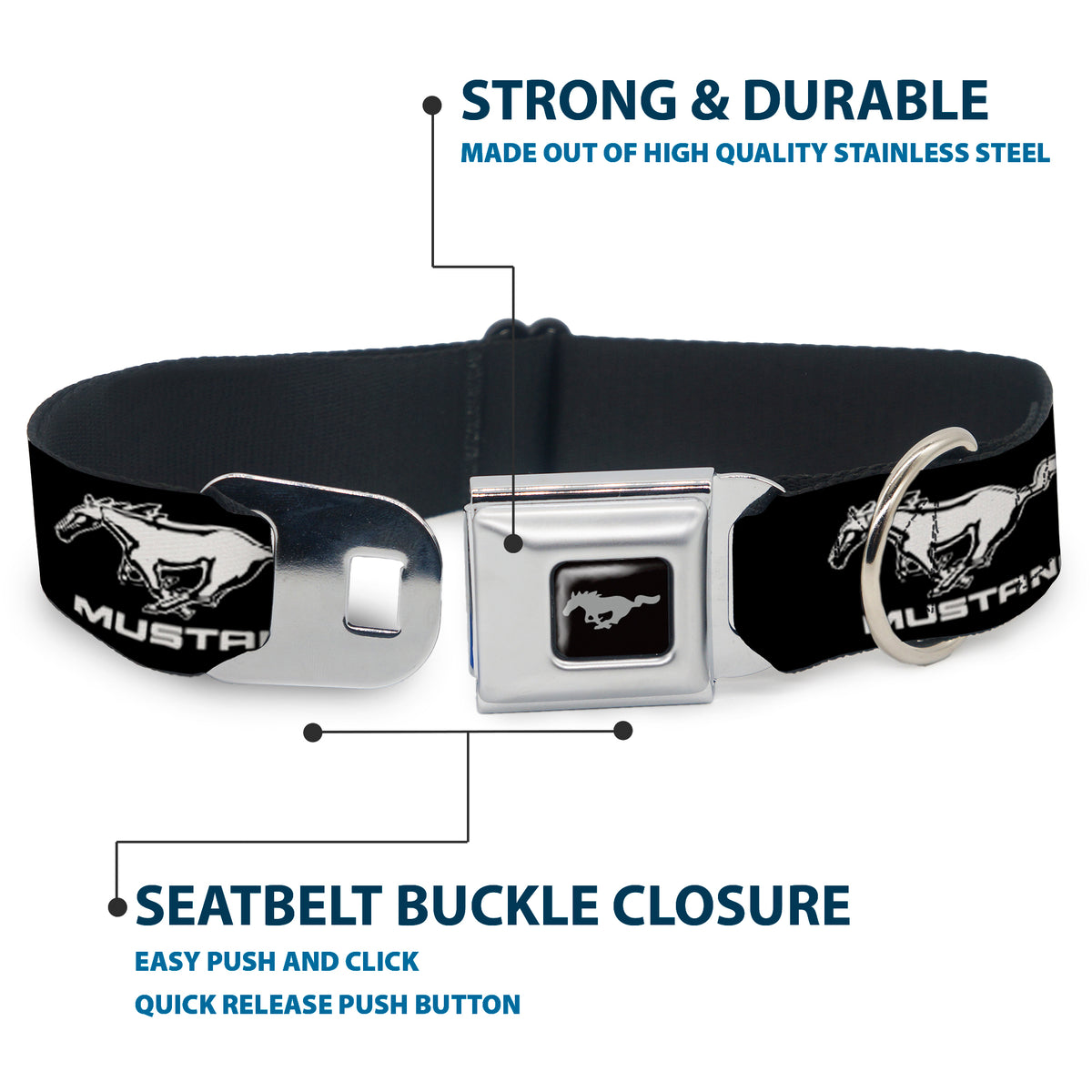 Ford Mustang Emblem Seatbelt Buckle Collar - Ford Mustang Black/White Logo REPEAT Dog Collars Seatbelt Buckle Ford