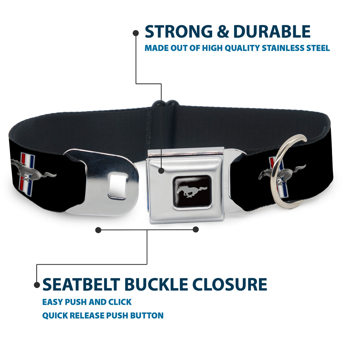 Ford Mustang Emblem Seatbelt Buckle Collar - Ford Mustang w/Bars Logo REPEAT Dog Collars Seatbelt Buckle Ford
