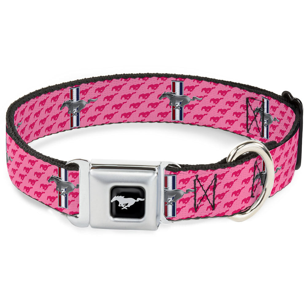 Ford Mustang Emblem Seatbelt Buckle Collar - Ford Mustang w/Bars w/Text PINK LOGO REPEAT Dog Collars Seatbelt Buckle Ford