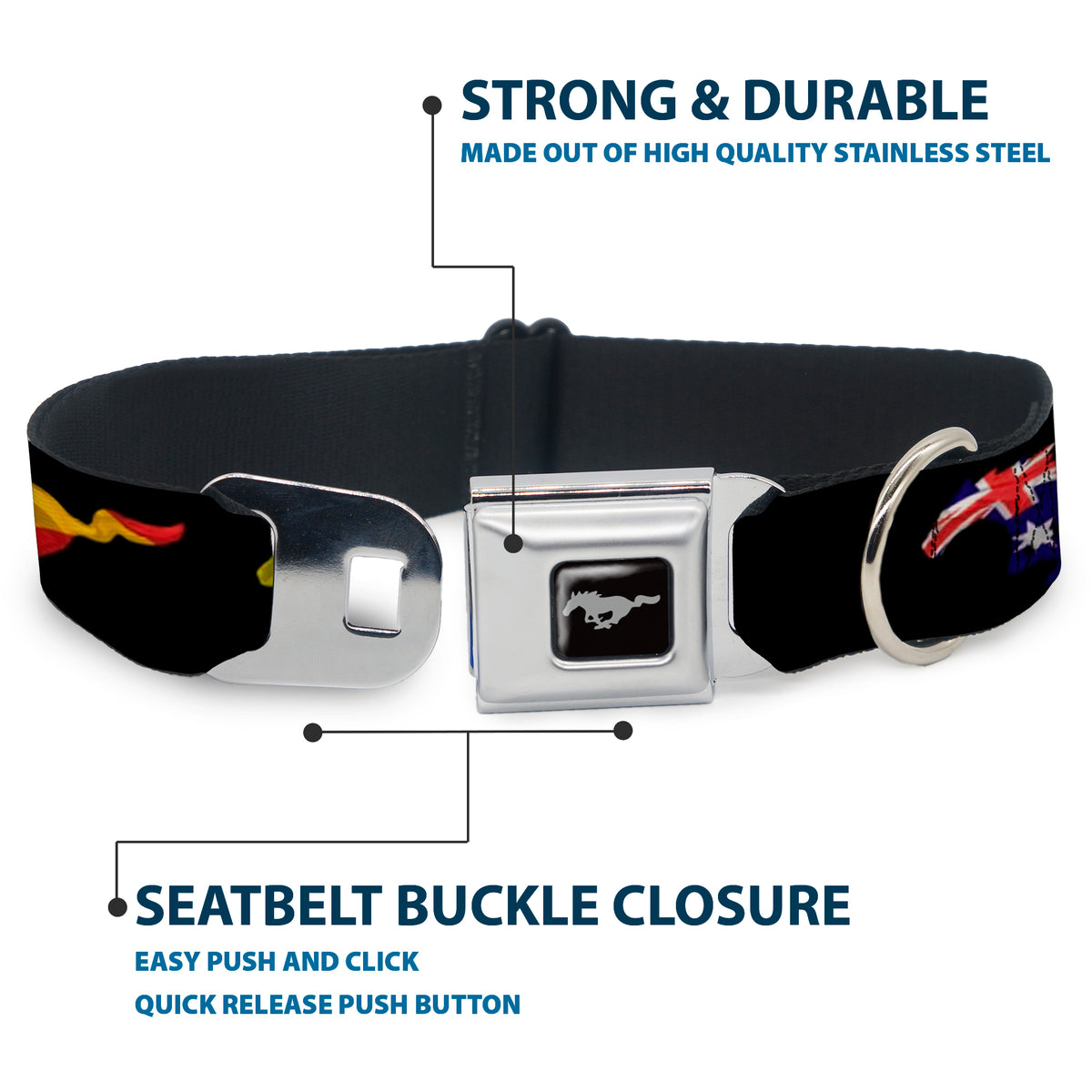 Ford Mustang Emblem Seatbelt Buckle Collar - Mustang Silhouette Black/International Flags Dog Collars Seatbelt Buckle Ford
