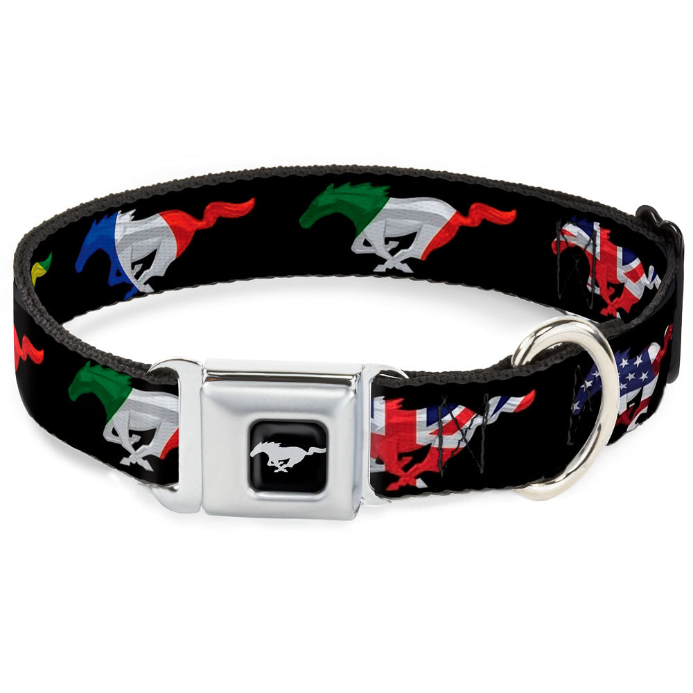 Ford Mustang Emblem Seatbelt Buckle Collar - Mustang Silhouette Black/International Flags Dog Collars Seatbelt Buckle Ford
