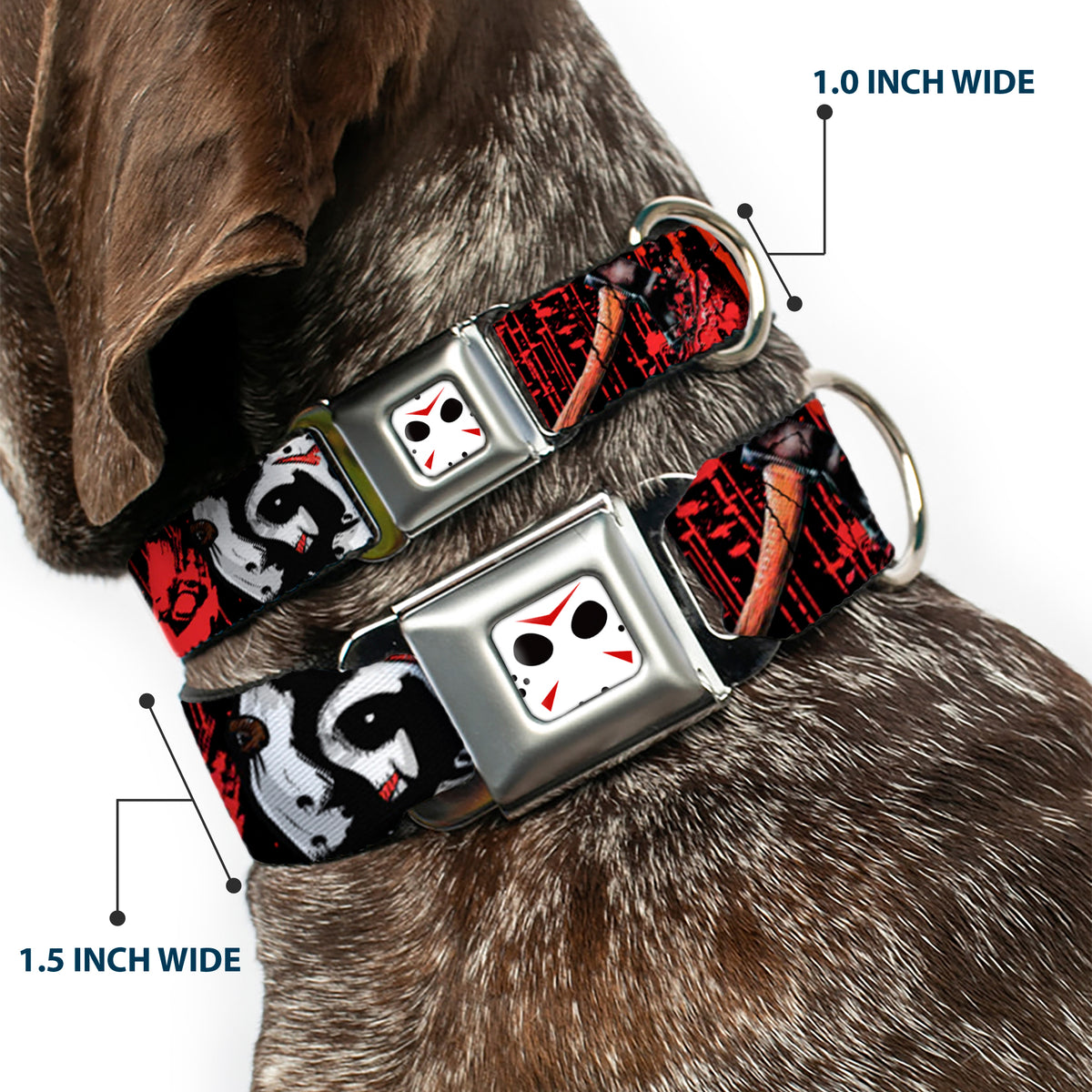 Jason Mask CLOSE-UP Full Color Black/White/Red Seatbelt Buckle Collar - FRIDAY THE 13th/Jason Mask4/Axe Blood Splatter Black/Red/White Dog Collars Seatbelt Buckle Friday the 13th