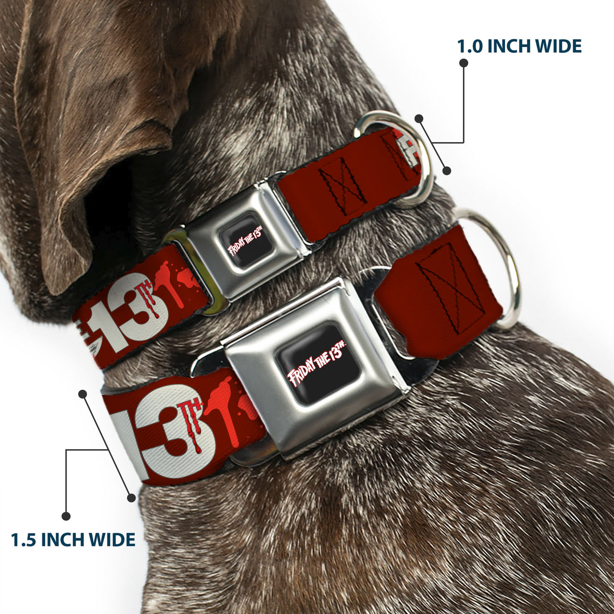 FRIDAY THE 13TH Title Logo Full Color Black/Red/White Seatbelt Buckle Collar - FRIDAY THE 13TH Mask and Machete Icons Red/Pink/White Dog Collars Seatbelt Buckle Friday the 13th